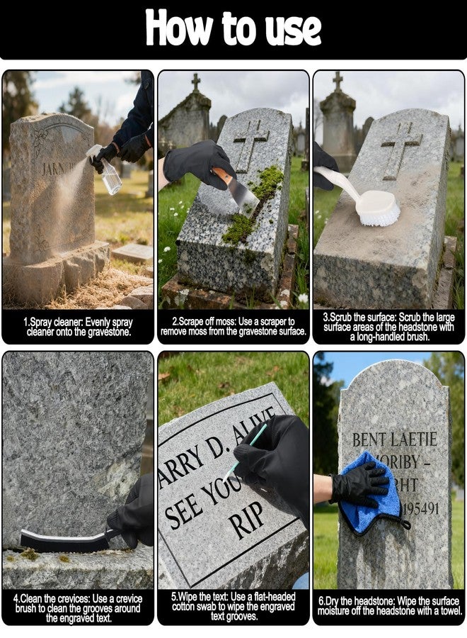 XANGNIER Gravestone Cleaning Kit,Headstone Cleaner Brush Tools for Cleaning Graves,Cemetery Headstones,Tombstone,Granite Grave Stone-Includes Crevice Brush,Towel,Gloves,Scraper,Flat-Tip Cotton Swab - Image 4