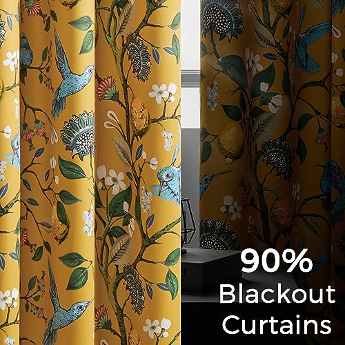 Topfinel 90 Inches Long Curtains & Drapes 2 Panels, Unique Nature Luxury Elegant Colorful Dark Floral Hummingbird Patterned Rustic Mustard Yellow Grommet Drapes for Classroom Room Office Closet 52x90 - Image 4