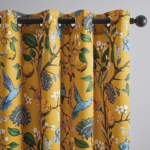Topfinel 90 Inches Long Curtains & Drapes 2 Panels, Unique Nature Luxury Elegant Colorful Dark Floral Hummingbird Patterned Rustic Mustard Yellow Grommet Drapes for Classroom Room Office Closet 52x90 - Image 1
