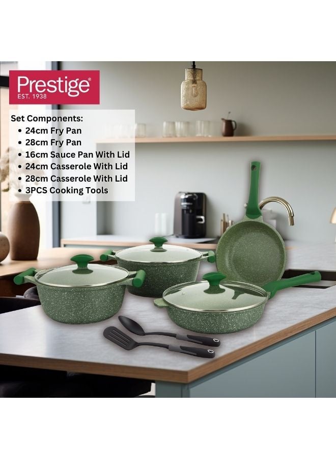 Prestige مجموعة أواني الطهي 9 قطع من بريستيج اسينشال | مجموعات أواني غير لاصقة | مجموعة أواني جرانيت | مجموعة أواني الطهي للاستخدام على المواقد الكهربائية | مجموعات مقالي للطهي - أخضر  - Image 5