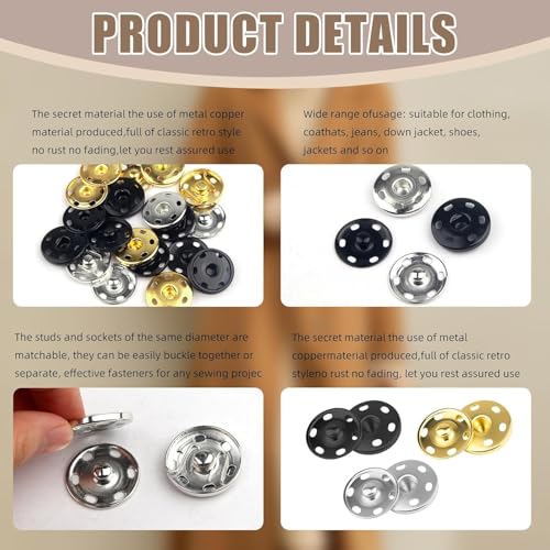 Fampery 24Set 1Inch/25mm Large Sew-on Snap Buttons for Clothes - Sew on Snaps Sewing Snaps for Fabric - Metal Snaps Fasteners Press Studs Buttons for Sewing Clothing, Black - Image 3