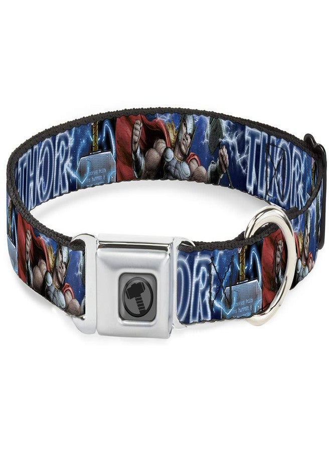 Buckle Down Dog Collar Seatbelt Buckle Avengers Thor Hammer Action Pose Galaxy Blues White 18 to 32 Inches 1.5 Inch Wide, DC-WTH023-WL - Image 1