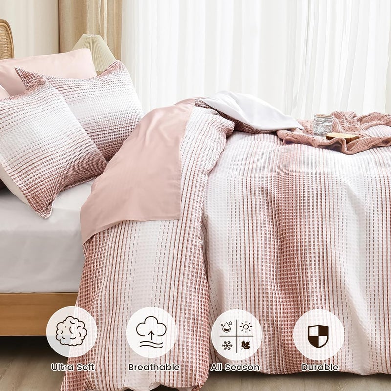 PHF 3 Piece Queen Waffle Weave Duvet Covet Set, Ultra Soft Luxury Textured Comforer, Set includes 1x 230cm x 230cm Duvet covet + 2 x 50cm x 65cm Pillow Shams, White and Brick Red - Image 4
