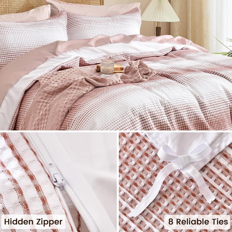 PHF 3 Piece Queen Waffle Weave Duvet Covet Set, Ultra Soft Luxury Textured Comforer, Set includes 1x 230cm x 230cm Duvet covet + 2 x 50cm x 65cm Pillow Shams, White and Brick Red - Image 5