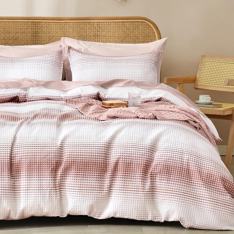PHF 3 Piece Queen Waffle Weave Duvet Covet Set, Ultra Soft Luxury Textured Comforer, Set includes 1x 230cm x 230cm Duvet covet + 2 x 50cm x 65cm Pillow Shams, White and Brick Red - Image 1