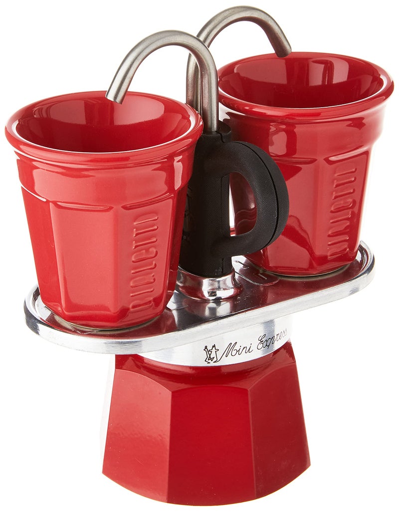 Bialetti Mini Express Color Moka Set includes Coffee Maker 2Cup 28 Oz 2 shot glasses Red Aluminium