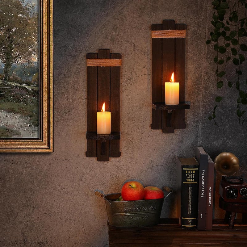 Alphatool Multi warehouse process 2Pcs Gothic Style Wall Mount Rustic Candle Holders- Farmhouse Wall Mounted Wooden Candle Holders for Flower Vase- Handmade Hanging Wall Sconces for Bedroom Living Room Kitchen Bathroom (Black) Global standard processed material - Image 4