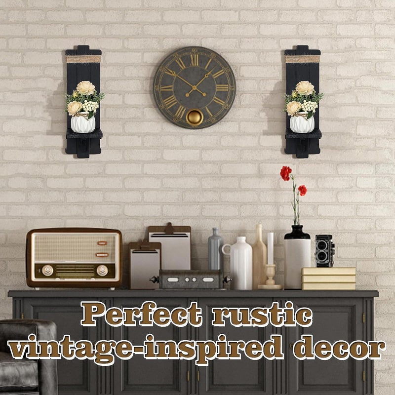 Alphatool Multi warehouse process 2Pcs Gothic Style Wall Mount Rustic Candle Holders- Farmhouse Wall Mounted Wooden Candle Holders for Flower Vase- Handmade Hanging Wall Sconces for Bedroom Living Room Kitchen Bathroom (Black) Global standard processed material - Image 2