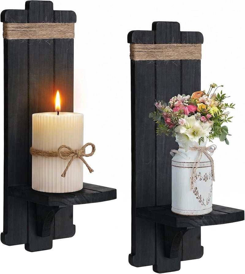 Alphatool Multi warehouse process 2Pcs Gothic Style Wall Mount Rustic Candle Holders- Farmhouse Wall Mounted Wooden Candle Holders for Flower Vase- Handmade Hanging Wall Sconces for Bedroom Living Room Kitchen Bathroom (Black) Global standard processed material - Image 1