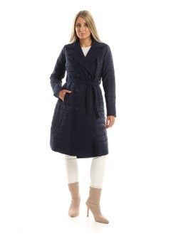Notched Lapel Polyester & Gogh Long Coat - Navy Blue