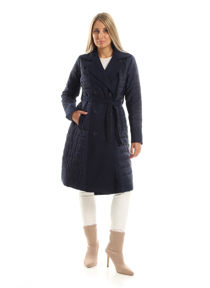 Andora - Notched Lapel Polyester & Gogh Long Coat - Navy Blue - Image 1