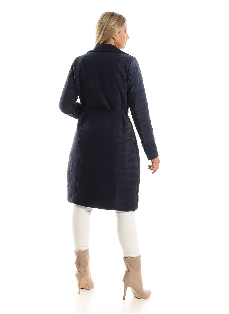 Andora - Notched Lapel Polyester & Gogh Long Coat - Navy Blue - Image 1