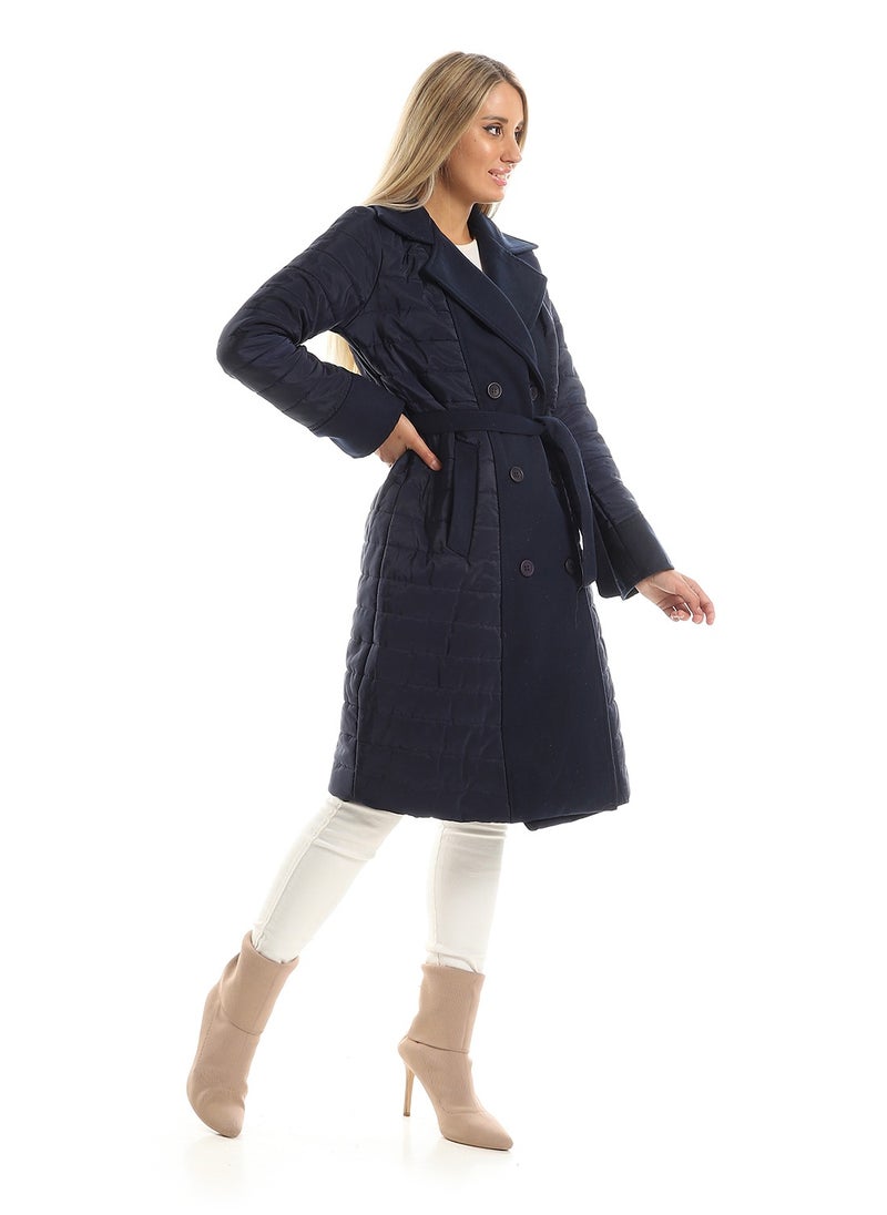 Andora - Notched Lapel Polyester & Gogh Long Coat - Navy Blue - Image 1