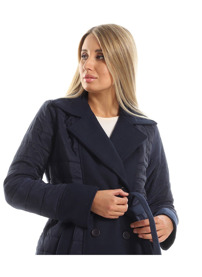 Andora - Notched Lapel Polyester & Gogh Long Coat - Navy Blue - Image 1