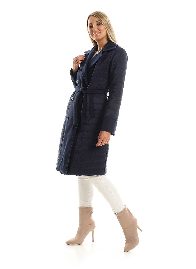 Andora - Notched Lapel Polyester & Gogh Long Coat - Navy Blue - Image 1