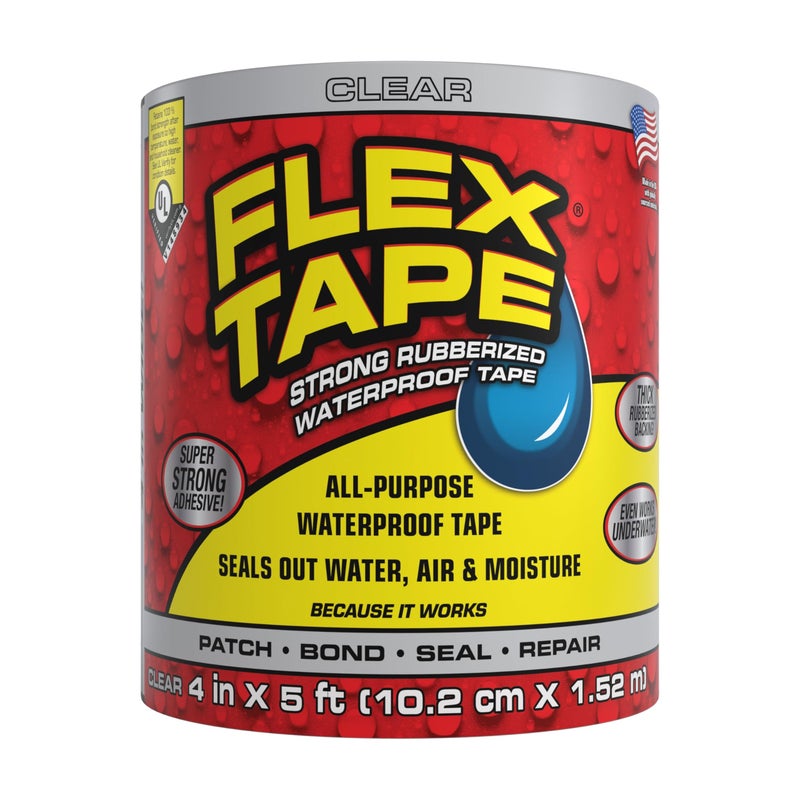 Flex Tape, Original Thick Flexible Rubberized Waterproof Tape - Seal and Patch Leaks, Works Underwater, Indoor Outdoor - Home RV Roof Plumbing and Pool Repairs, Clear, 4 in x 5 ft, Pack of 1 - Image 1