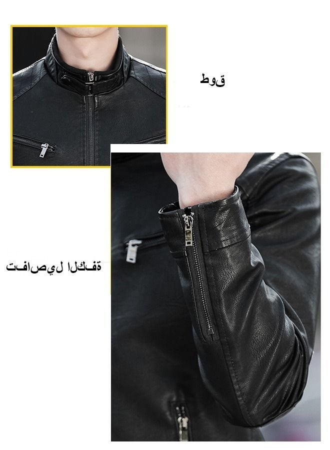 سترة جلدية طويلة الأكمام سوداء - Image 5
