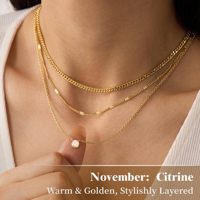 WomenGifts November Created Citrine (Golden Yellow) Layered Necklace Set, 14K Gold Plated Birthstone Pendant with Choker Cuban Link & Satellite Chain, Personalized Jewelry Gift - Image 4