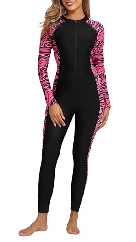 ALLTOKE Womens Full Body Rash Guard with Built in Bra Long Sleeve One Piece Swimsuit UPF50+ Zip Front Bathing Suit Black Rose Red Zebra M - Image 1
