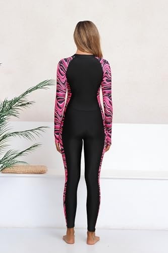 ALLTOKE Womens Full Body Rash Guard with Built in Bra Long Sleeve One Piece Swimsuit UPF50+ Zip Front Bathing Suit Black Rose Red Zebra M - Image 4