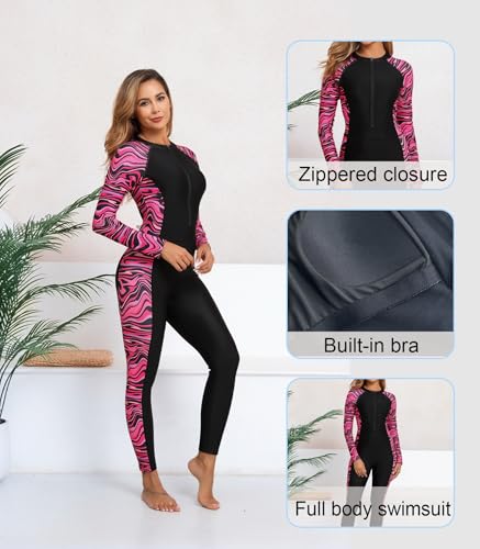 ALLTOKE Womens Full Body Rash Guard with Built in Bra Long Sleeve One Piece Swimsuit UPF50+ Zip Front Bathing Suit Black Rose Red Zebra M - Image 3