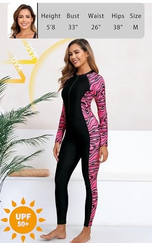 ALLTOKE Womens Full Body Rash Guard with Built in Bra Long Sleeve One Piece Swimsuit UPF50+ Zip Front Bathing Suit Black Rose Red Zebra M - Image 2