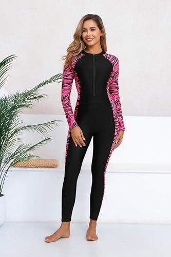 ALLTOKE Womens Full Body Rash Guard with Built in Bra Long Sleeve One Piece Swimsuit UPF50+ Zip Front Bathing Suit Black Rose Red Zebra M - Image 5