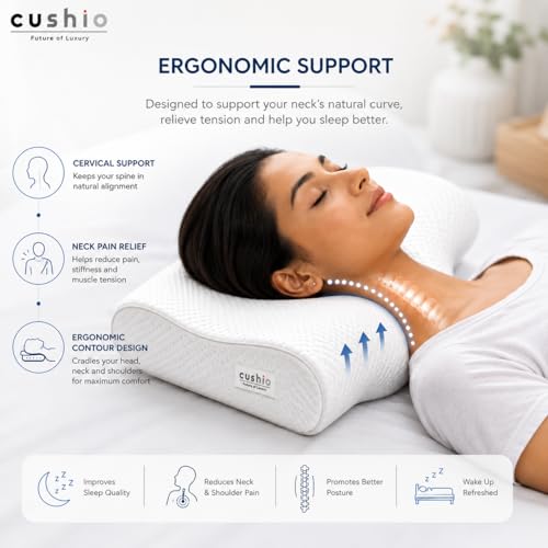 CUSHIO Cervical Memory Foam Pillow for Neck Pain Relief | Cervical Butterfly Pillow with Ergonomic Contour Design | Orthopedic Neck Support Pillow for Sleeping (White) - Image 2