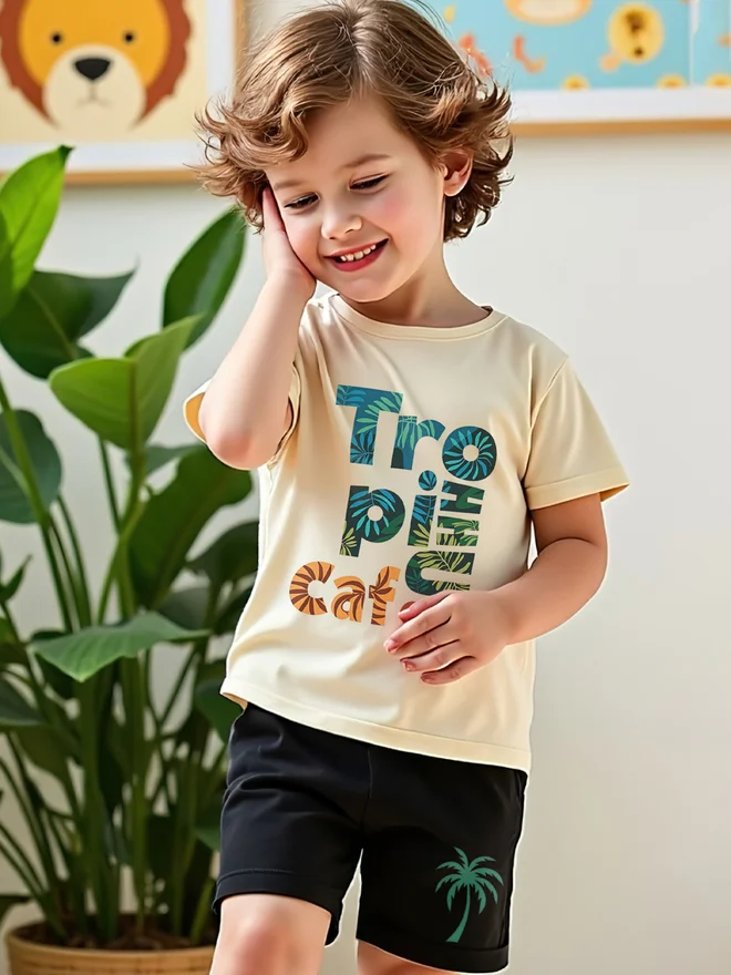 Take Two Take Two Kids 2pcs Printed Short Sleeve T-Shirt and Black Shorts Set
