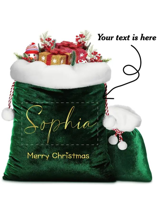 Personalized Christmas Stocking Dark Green Small Size Drawstring Closure Reusable Holiday Gift Bag - Image 1