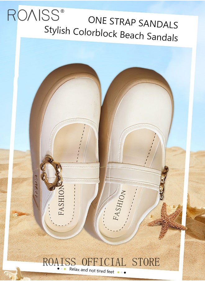 roaiss New Closed-Toe Slippers for Women Trendy One Strap Outer Wear Sandals Ladies Thick Sole Colorblocked Beach Flat Sandals Outer Wear Slipper with Decorative Buckle  - Image 1