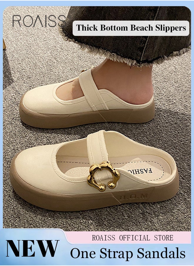 roaiss New Closed-Toe Slippers for Women Trendy One Strap Outer Wear Sandals Ladies Thick Sole Colorblocked Beach Flat Sandals Outer Wear Slipper with Decorative Buckle  - Image 2