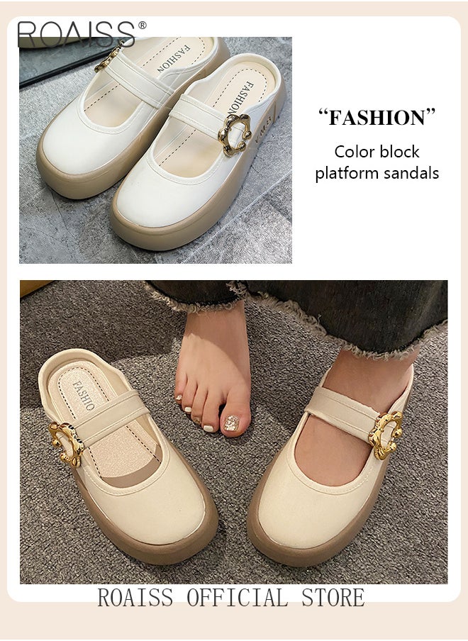 roaiss New Closed-Toe Slippers for Women Trendy One Strap Outer Wear Sandals Ladies Thick Sole Colorblocked Beach Flat Sandals Outer Wear Slipper with Decorative Buckle  - Image 4