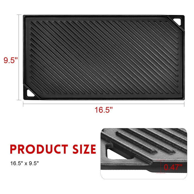 GGC Reversible Cast Iron Griddle, Double-sided Griddle Pan for Stove Tops, Gas Grills and Outdoor Cooking, 16.5 x 9.5 Baking Flat and Ribbed Griddle Plate - Image 2