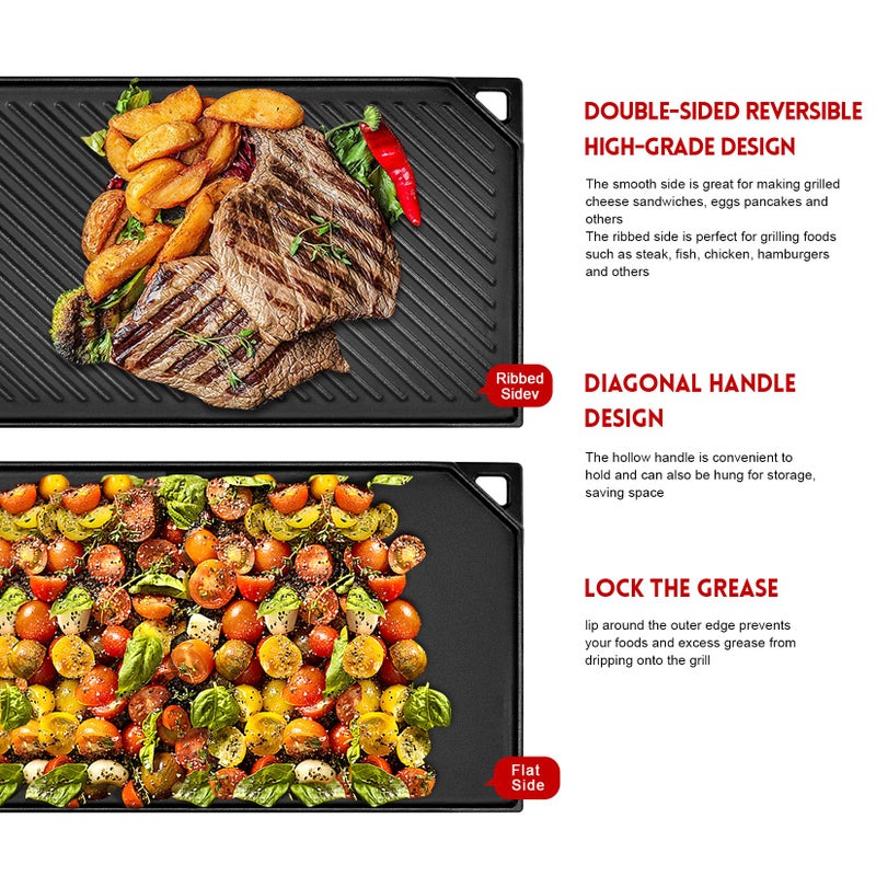 GGC Reversible Cast Iron Griddle, Double-sided Griddle Pan for Stove Tops, Gas Grills and Outdoor Cooking, 16.5 x 9.5 Baking Flat and Ribbed Griddle Plate - Image 3