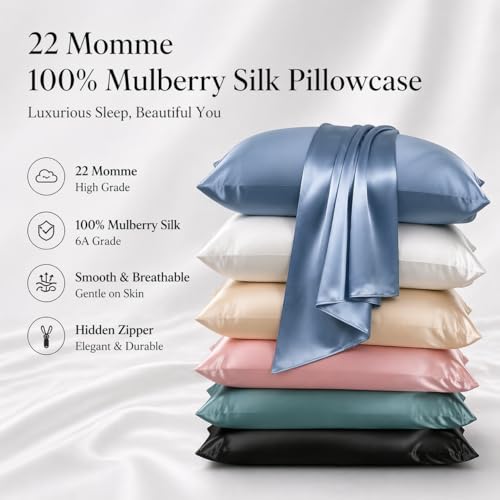 ROSEWARD Premium Natural Mulberry Silk Pillowcase for Hair and Skin Made in USA 22 Momme 6A Silk Pillow Cases Standard Size with Zipper Ideal for Womens Beauty Sleep 1 Pc 20x26 Standard Blue Grey - Image 3