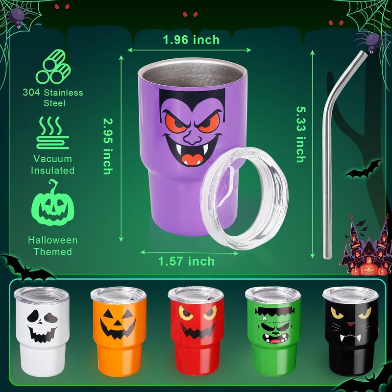 FOGWOWO 6 Pack 3 oz Halloween Shot Glasses Mini Tumblers with Straw and Lid,Pumpkin Ghost Vampire Devil Halloween Party Favors Spooky Shot Cups Stainless Steel Vacuum Insulated Mini Cups for Cocktail Party - Image 3