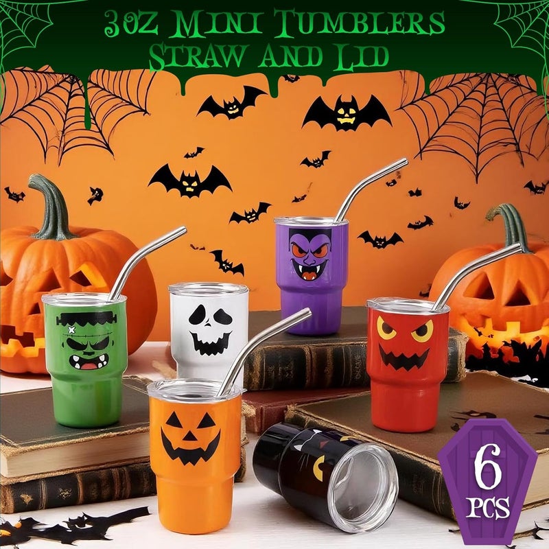 FOGWOWO 6 Pack 3 oz Halloween Shot Glasses Mini Tumblers with Straw and Lid,Pumpkin Ghost Vampire Devil Halloween Party Favors Spooky Shot Cups Stainless Steel Vacuum Insulated Mini Cups for Cocktail Party - Image 2
