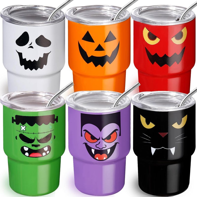 FOGWOWO 6 Pack 3 oz Halloween Shot Glasses Mini Tumblers with Straw and Lid,Pumpkin Ghost Vampire Devil Halloween Party Favors Spooky Shot Cups Stainless Steel Vacuum Insulated Mini Cups for Cocktail Party - Image 1