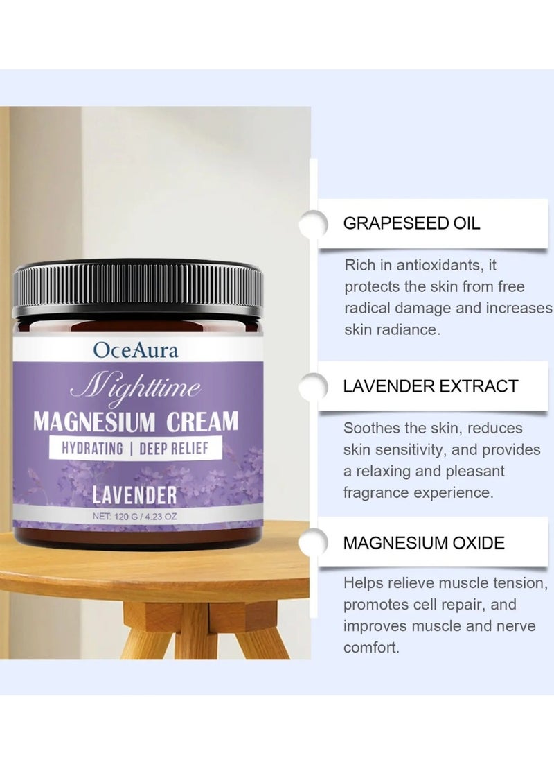 OceAura - 120G Night Time Magnesium Cream with Lavender Magnesium Sleep Cream Natural Magnesium Body Cream for Better Sleep Relief & Relaxation Relieve Muscle Tension Organic Magnesium Cream for Legs Arms Neck - Image 1