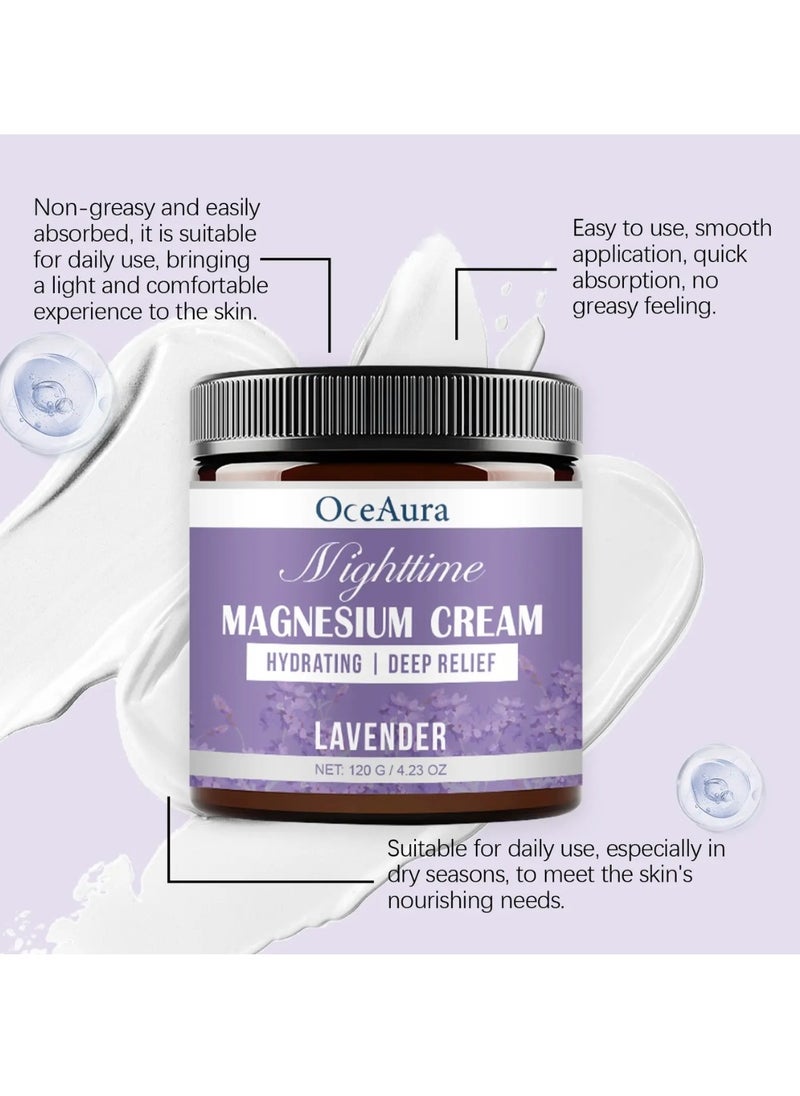 OceAura - 120G Night Time Magnesium Cream with Lavender Magnesium Sleep Cream Natural Magnesium Body Cream for Better Sleep Relief & Relaxation Relieve Muscle Tension Organic Magnesium Cream for Legs Arms Neck - Image 1