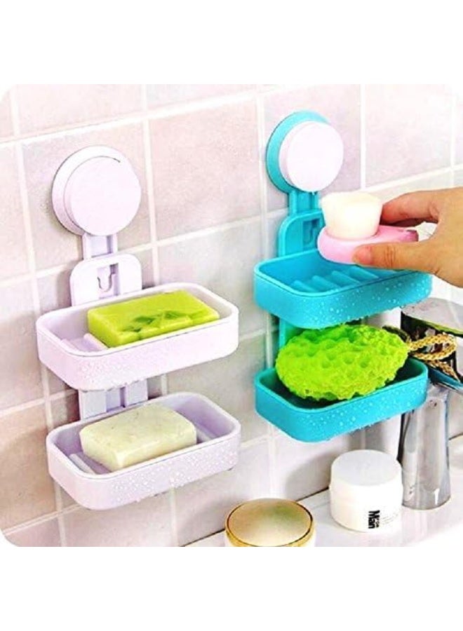 حامل صابون مزدوج الطبقات للحمام والدش - قاعدة تثبيت قوية بالشفط بدون ثقب - صينية تخزين معلقة على الحائط - خامات عالية الجودة - ألوان متعددة. - Image 2