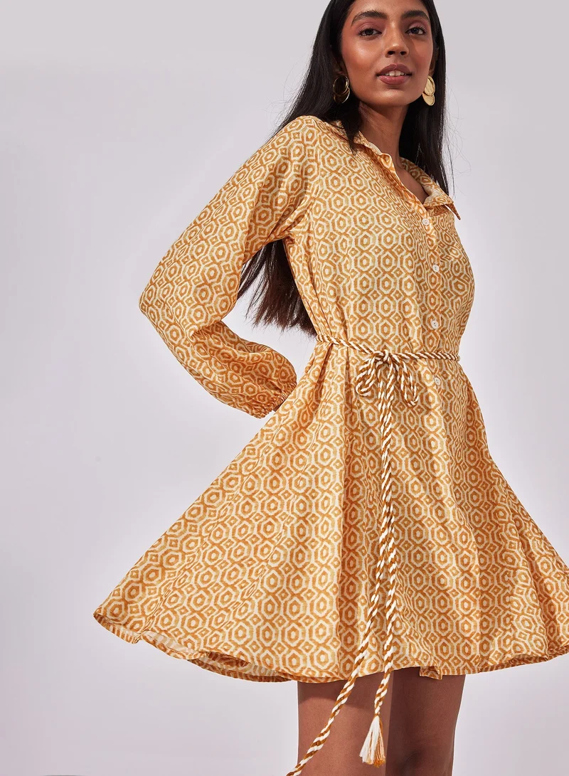 The Label Life Geometric Print Mini Dress with Tie-Waist