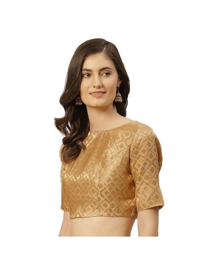 Studio Shringaar Women's Readymade Brocade Elbow Length Sleeves Saree Blouse (Gold, 46) - Image 2