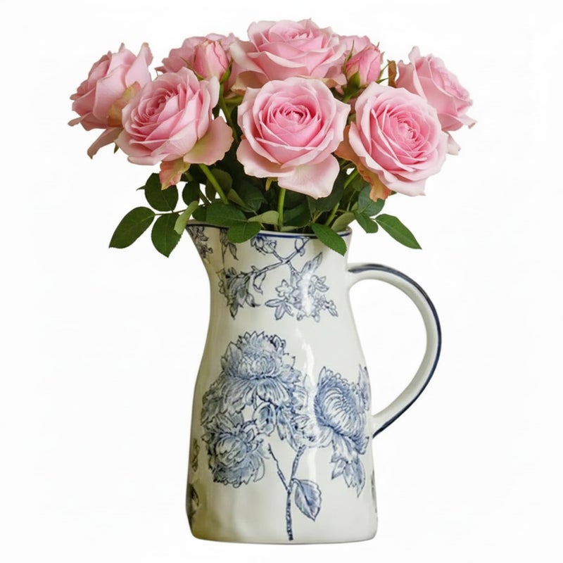Lovecat Ceramic Blue and White Vase with Handle, Decorative Chinoiserie Flower Vase, Vintage Floral Vase, Large Blue and White Porcelain Jar Vase for Living Room Bookshelf Office Home Decoration - Image 1