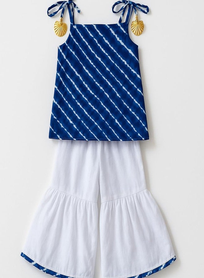 VeraA Sleeveless Leheriya Kurti and White Sharara Set for Girls - Cotton Ethnic Dress with Sharara Pant & Tassel Straps | Perfect for Pooja, and Weddings (Blue, 6 to 12 Month) - Image 3