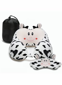 Travel Pillow for Kids and Adults Cute Animal Memory Foam Neck Pillow with Soft Fleece Cover and Eye Mask Set Airplane Pillow Travel Kit with Drawstring Organizer Bag Machine Washable (Cow)