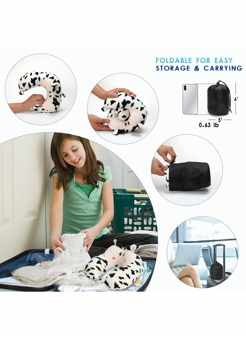 SYOSI - Travel Pillow for Kids and Adults Cute Animal Memory Foam Neck Pillow with Soft Fleece Cover and Eye Mask Set Airplane Pillow Travel Kit with Drawstring Organizer Bag Machine Washable (Cow) - Image 1