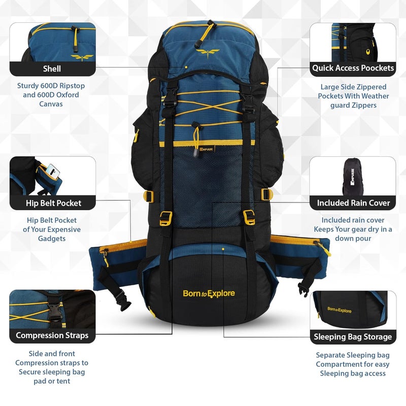 IMPULSE! rucksack bags 75 litres travel bag for men tourist bag for travel backpack for hiking trekking Bag for men camping thames blue bag with 1 Year Warranty - Image 2