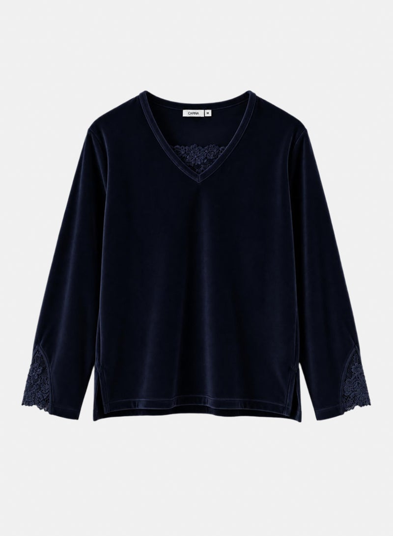 Carina Lace-Trim Velvet Pyjama - Image 3
